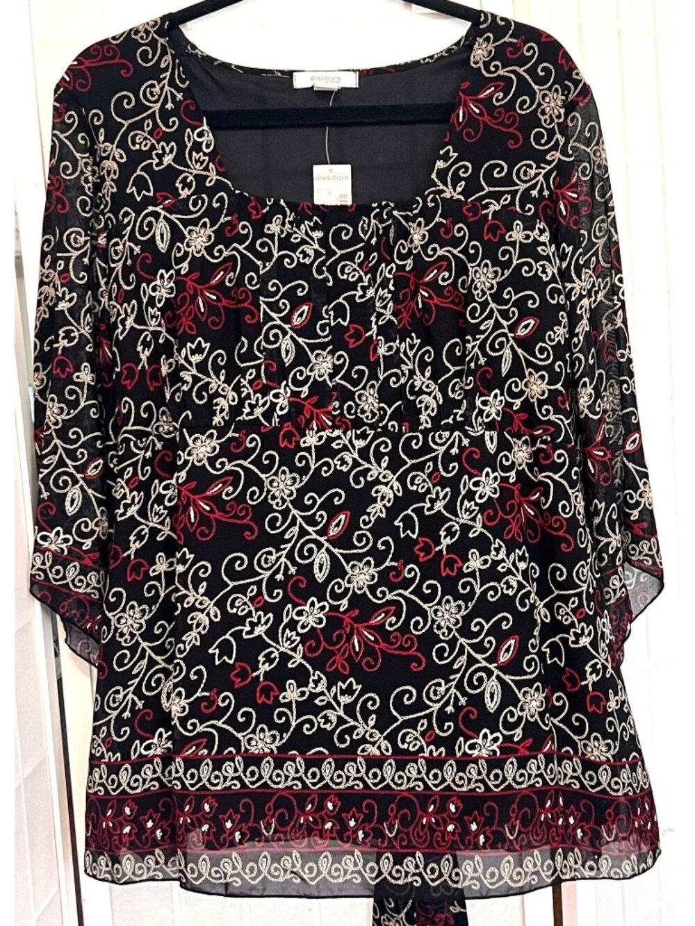 NWT Dress Barn 1X Colorful Artsy 3/4 Sleeve White Embroidered Tunic Blouse Top